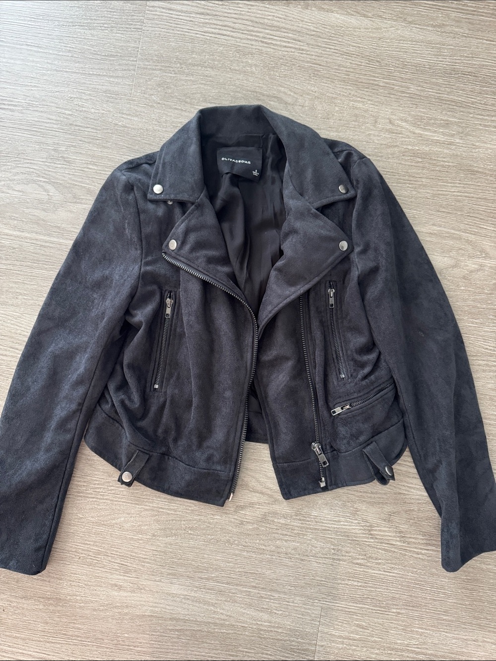 Olivaceous Black Suede Moto Jacket with Silver Hardware